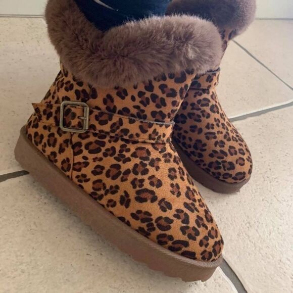 NIB Leopard Fur Short Durable Ankle Vegan Suede Bootie Warm Winter Women's 5 - Picture 3 of 9